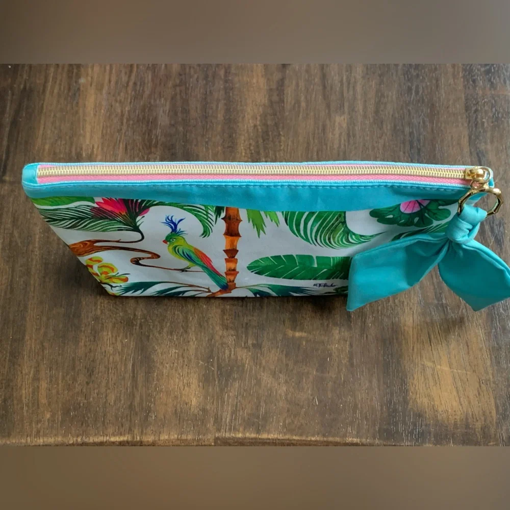 ESTEE LAUDER Women’s Turquoise Blue Tropical Print Zipper Top Cosmetic Bag